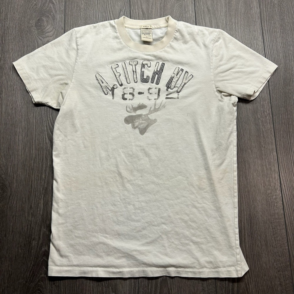 Abercrombie & Fitch Mens Vintage Muscle Tee Cream Y2K Moose Graphic Shirt Large